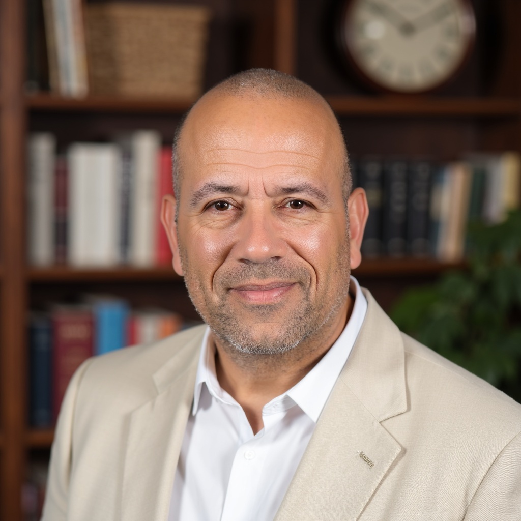 Coach Danny Acosta in a light jacket, in front of bookshelves